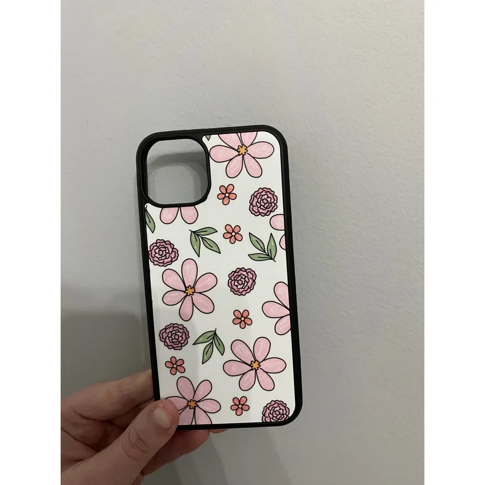 Floral iPhone 13 Phone Case Unisex One Size White Pink Hand Drawn Flower Pattern